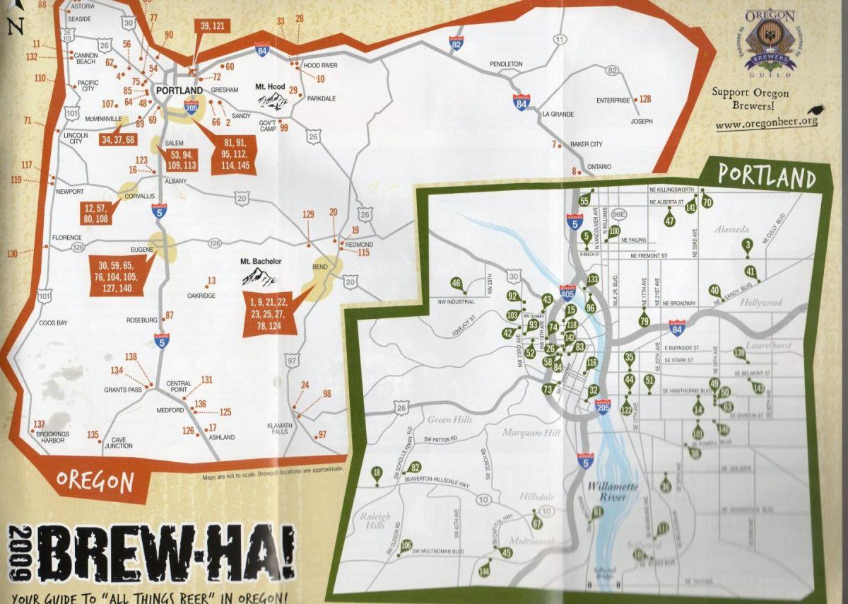 mapa pivovarů v Portlandu, Oregon 